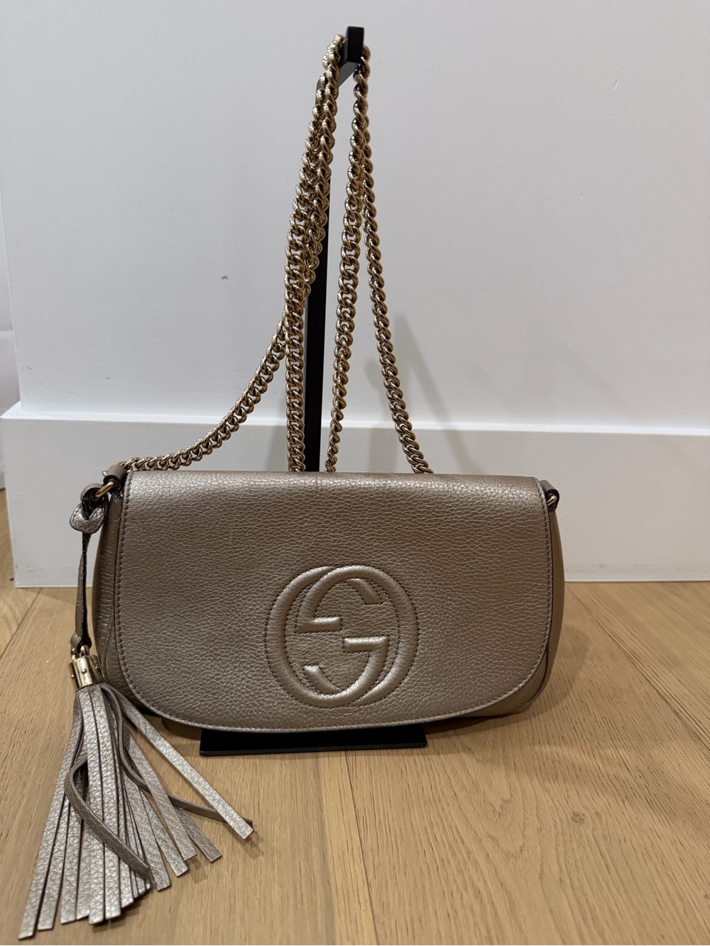 Gucci Taupe Pebbled Leather Shoulder Bag with Tassel